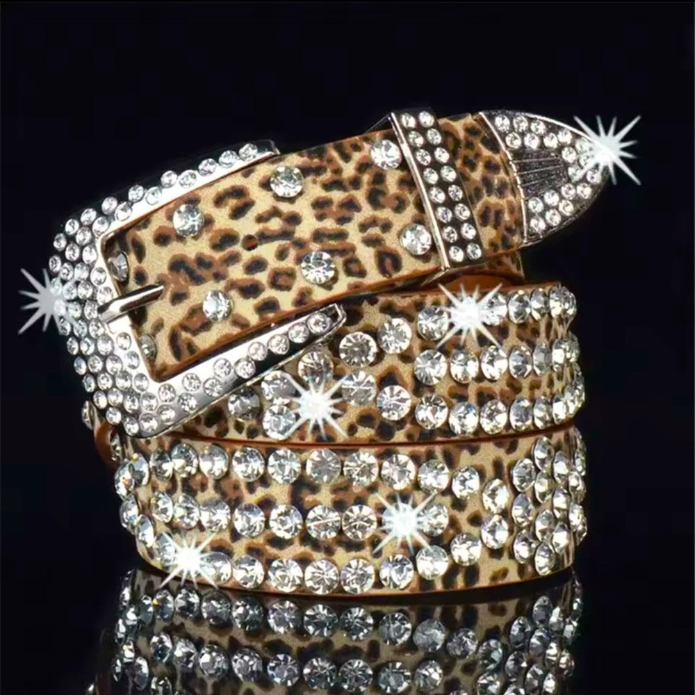 Leopard Print Studded Rhinestone Belt PU Leather Bling Women’s Fashion Belt